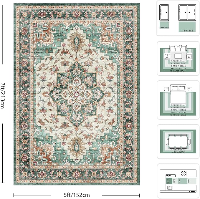 5x7 Area Rugs - Washable Rug Vintage Distress Boho Medallion Rugs for Living Room, Soft Non-Slip Backing Low Pile Carpet for Bedroom Dining Room Office Nursery Dorm Home, Green Brown