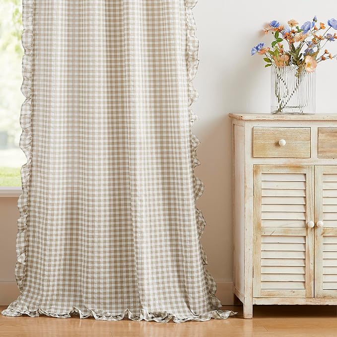 ZJDECOR 72 Inch Khaki White Buffalo Plaid Window Curtains for Living Room | Crinkle Not-See-Through Sheer Ruffle Cortinas,45% Cotton,55% Poly,Rustic Window Treatment,Bedroom,Rod Pocket,40"Wx72"Lx2