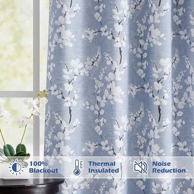 FMFUNCTEX 100% Blackout Blue Floral Curtains, Rod Pocket 18 Inch 1 Panel | Black Out Drapes, Thermal Insulated, Blossom Patterned Short Panel for Kitchen Curtains, Cafe, Bathroom, Door Glass