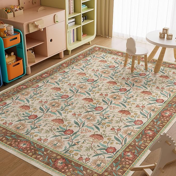 DUKINO 8x10 Area Rug, Vintage Floral Washable Rugs for Living Room, Brown | Non Slip, Low Pile, Non-Shedding, Stain Resistant Boho Soft Indoor Large Carpet for Bedroom Dining Room Farmhouse, Home Decor