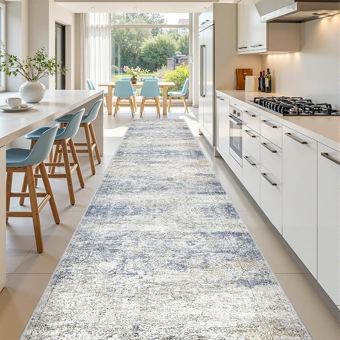 3x14 Runner Rug Non Slip,Washable Hallway Runner Rug,Blue | 14 ft Runner Rug for Hallway,Entryway,Bedroom,Living Room,Thin,Soft, Extra Long Rug,Stain Resistant Indoor Carpet