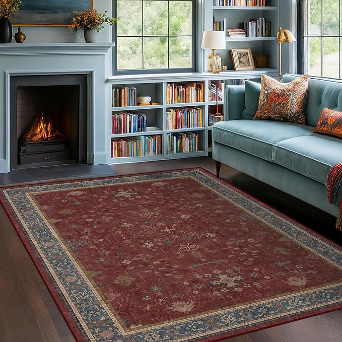 5x8 Boho Dark Red Rug for Living Room - Vintage Oriental Revival Low-Pile Carpet for Bedroom, Dining Table, Machine Washable Area Rug Non-Slip with Rubber Back