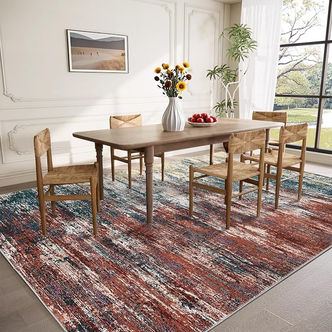 ROYHOME Modern Abstract Living Room Rug 10x13, Machine Washable Large Carpet, Non Slip Low Pile Throw Rug, Ultra Soft Indoor Floor Carpet for Bedroom Dining Room Table Home Decor, Red/Multi