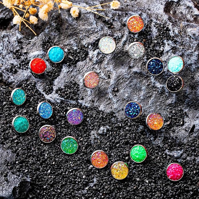 Epakh 64 Pairs Faux Druzy Stud Earrings Set Stainless Glitter Pierced Earrings for Women, 32 Colors