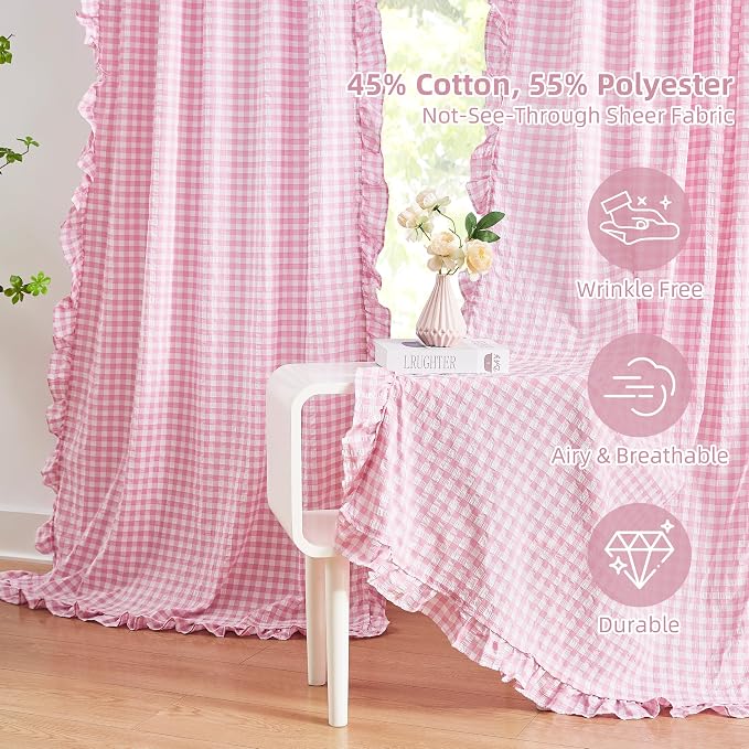 ZJDECOR Buffalo Plaid Girls Room Curtain Panels 90 Inches Long Rod Pocket | Farmhouse Not-See-Through Sheer Ruffle Drapes,Shabby Chic Window Treatment for Bedroom Living Room,40"Wx90"L(Pack of 2)