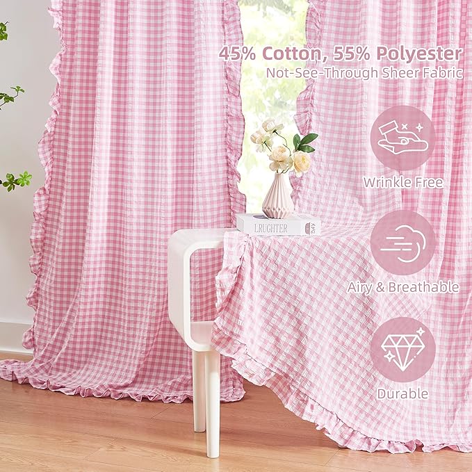 ZJDECOR Light Pink Buffalo Plaid Ruffle Curtains for Girls Room 63 Inch | Crinkled Not-See-Through Sheer Drape,Shabby Chic Window Treatment,Bedroom Living Room Nursery,Rod Pocket,40"Wx63"Lx2