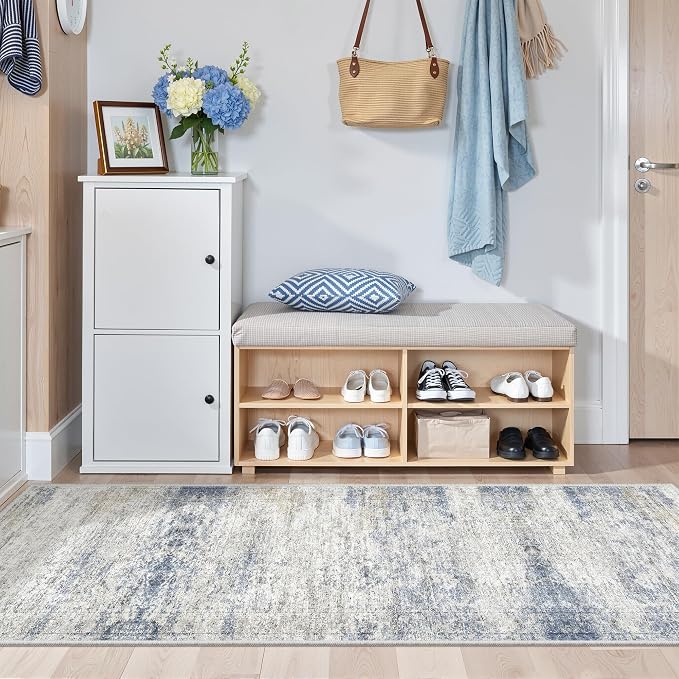 2x6 Runner Rug Non Slip,Washable Hallway Runner Rug,Blue | Neutral Rugs for Kitchen,Entryway,Bedroom,Bathroom,Nursery Room,Thin,Soft Runner Rug,Stain Resistant Indoor Carpet
