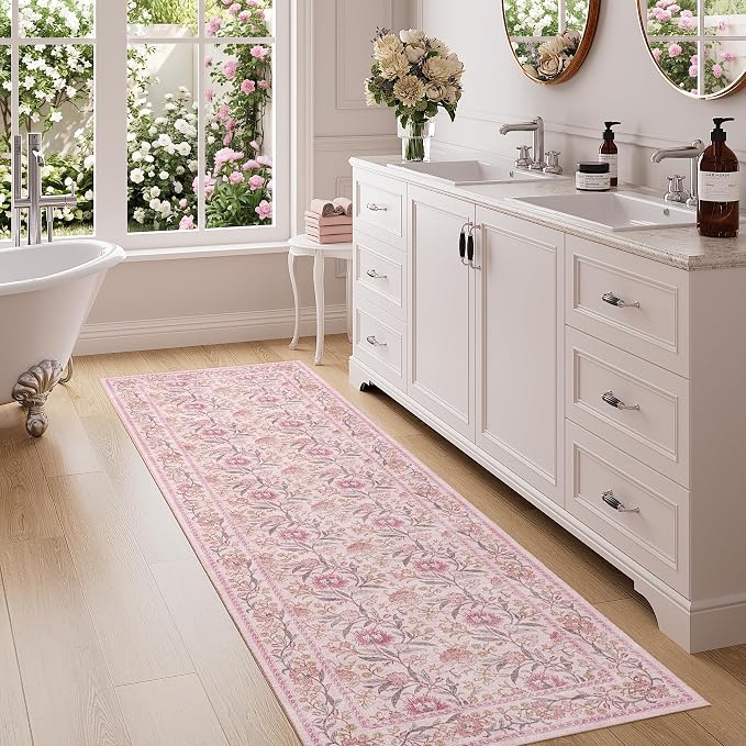 DUKINO 2x6 Runner Rug, Washable Vintage Floral Kitchen Rug, Pink | Non Slip, Low Pile, Non-Shedding, Stain Resistant Soft Carpet Runner for Hallway Bathroom Entryway Bedroom Laundry Farmhouse