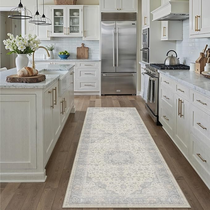 PureCozy 2x6 Washable Runner Rug Neutral Gray Vintage Floral | Non Slip, Soft Low Pile, Hallway Carpet for Kitchen, Entryway, Laundry Room, Farmhouse Decor