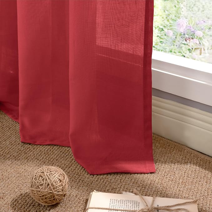 YoungsTex Red Linen Curtains 63 Inch Length for Living Room, Light Filtering Window Drapes with Grommet Semi Sheer Privacy for Dining Bedroom, 2 Panels, 52 X 63 Inch