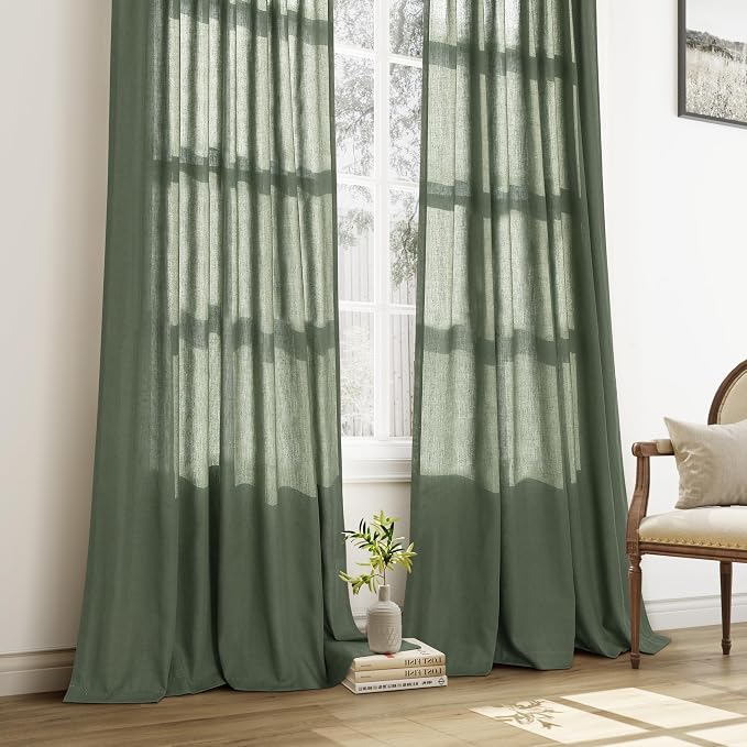Olive Green Pinch Pleat Linen Curtains 120 Inches Long for Living Room Pleated Drapes Hooks Back Tab Light Filtering Boho Farmhouse Extra Long Semi Sheer 120 Inch Curtain for Dining Room Bedroom