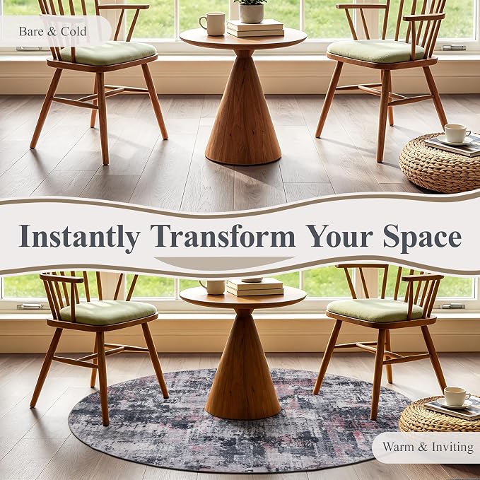 Sasttie 6ft Soft Round Area Rug, Modern Abstract Washable Circle Carpet for Living Room, Bedroom, Dining Room Table, with Non-Slip Backing, Black and Pink