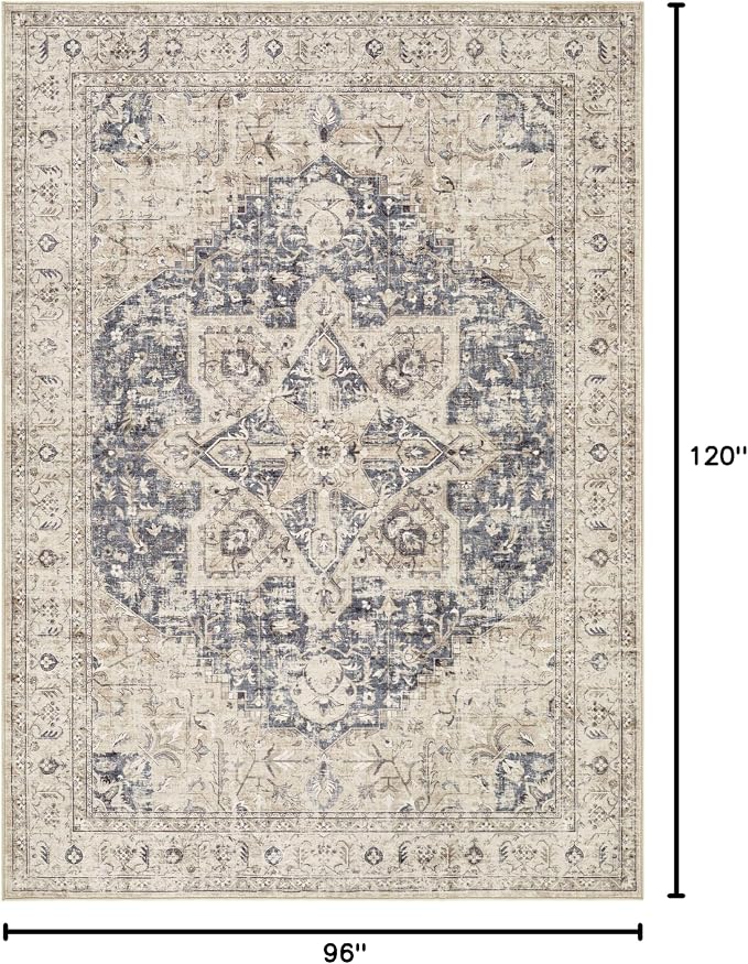 Tortania Area Rug Living Room Rugs - 8x10 Washable Boho Rug Vintage Oriental Distressed Farmhouse Large Thin Indoor Carpet for Living Room Bedroom Under Dining Table Home Office - Cream Blue