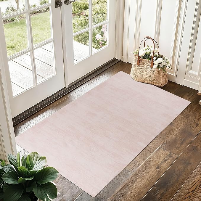 BILEEHOME Pink Bathroom Rugs Cute Modern Washable Non Slip Small Rug 3x5 | Light Blush Ombre Carpet, for Girls Bedroom Kids Room Kitchen, Boho Abstract, with Low Pile Soft, Foldable, Rubber Backing