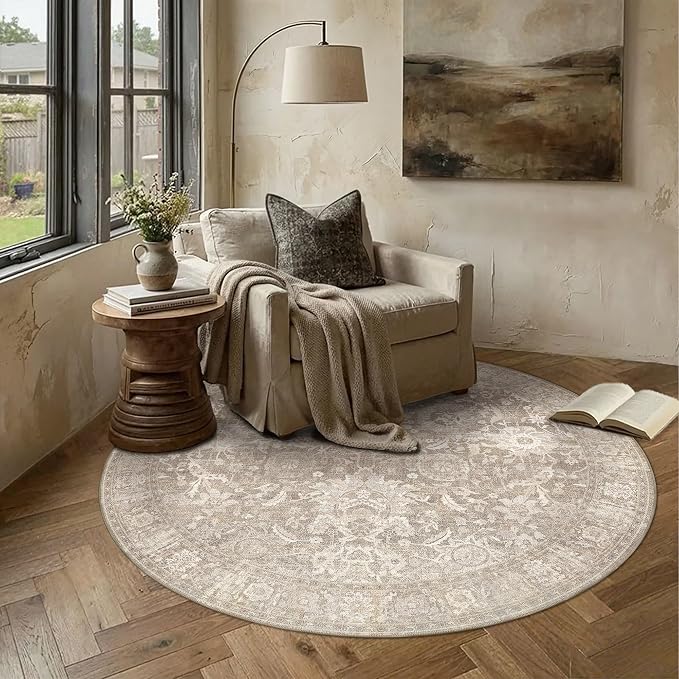 HUGEAR 4x4 Round Rugs Beige Washable Rug for Living Room Bedroom Large Neutral Vintage Rug Carpet Distressed Soft Durable Non Slip No Shedding for Indoor Dining Nursery Farmhouse