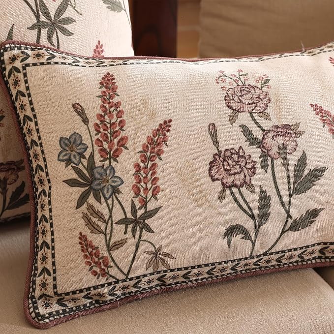 ISAENNE Designer Vintage Linen Throw Pillow Cover,20"x12"-Helena C | Elegant French Rectangle Pillow Cover,Concealed Zipper Design,Floral Pattern,Sofas,Bedroom,Living Room,Lounge Chairs
