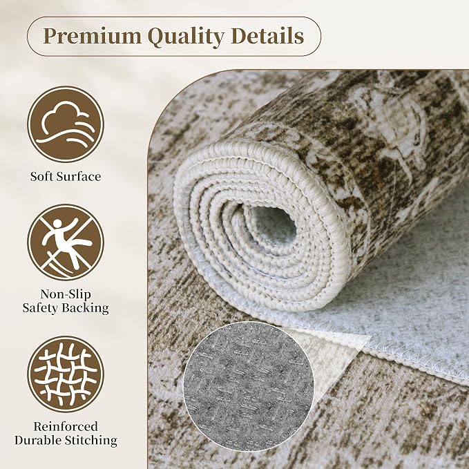 5x7 Area Rugs, Vintage Medallion Carpet for Living Room, Brown | for Bedroom and Dining Room, Washable Low Pile Indoor Rug with Non-Slip Silicone Backing, Non-Shedding Stain Resistant