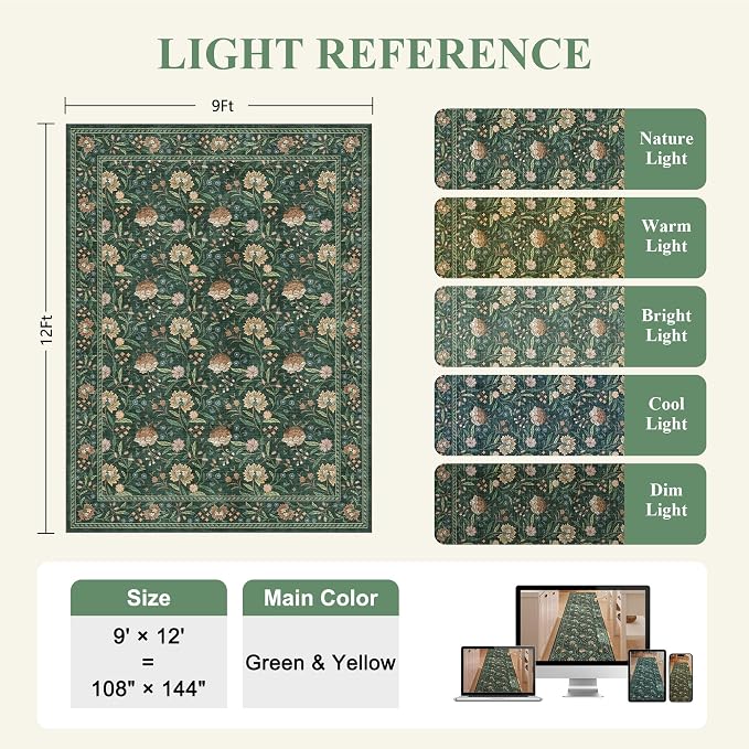 DUKINO 9x12 Area Rug for Living Room, Vintage Floral Washable Rug, Green | Non Slip, Low Pile, Non-Shedding, Stain Resistant, Aesthetic Soft Indoor Large Carpet for Bedroom Dining Room Farmhouse