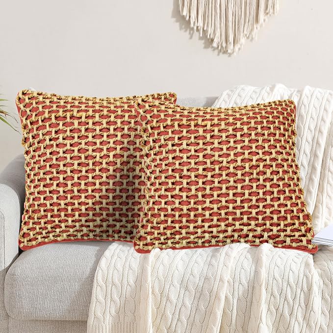Boho Living Jada Premium Woven Design, Decorative Throw, Living Room Décor, (2) 20" x 20" Pillow Covers with Insert, Rust 2 Count