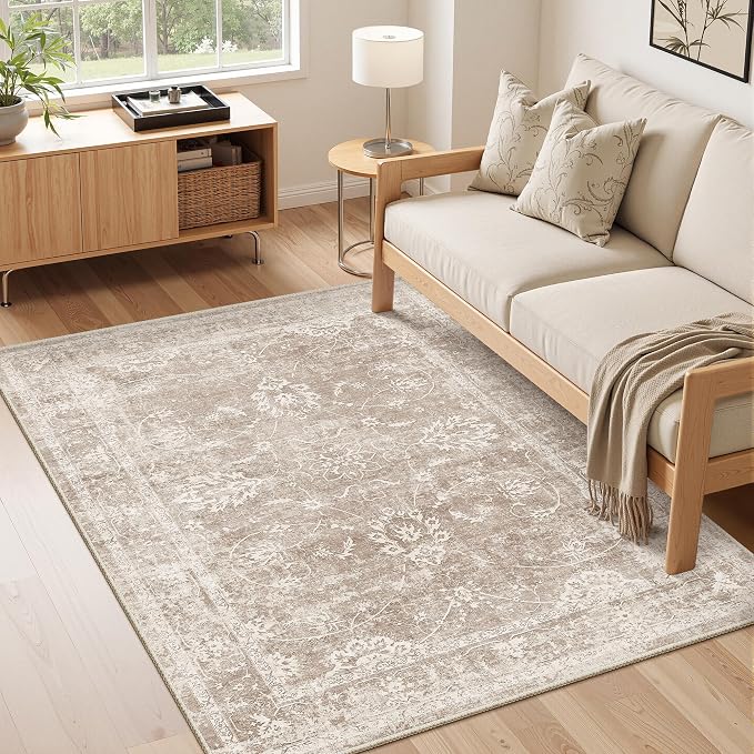 Madane 3x5 Area Rugs for Entryway,Washable Vintage Low Pile Non-Slip Throw Area Rugs, Accent Rug Floral Print Indoor Mat for Bedside Living Room Kitchen Bedroom, Brown/Sand