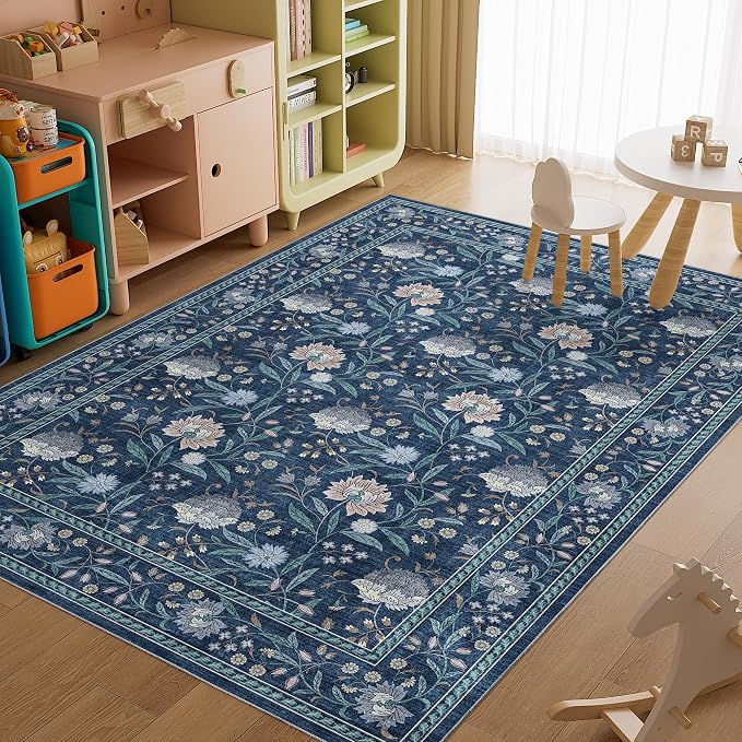 DUKINO 6x9 Area Rug, Vintage Floral Washable Rugs for Living Room Dark Blue | Non Slip, Low Pile, Non-Shedding, Stain Resistant Soft Large Carpet for Bedroom Home Office Dining Room Farmhouse, Home Decor