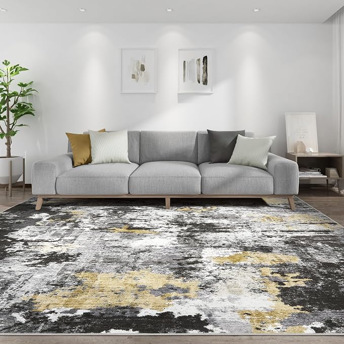 Abstract 6x9 Area Rug: Machine Washable Non Slip Ultra Thin Low-Pile Carpet, Soft Stain Resistant for Living Room Bedroom Nursery, Kid Pet Friendly, Robot Vacuum Compatible - Black Gold