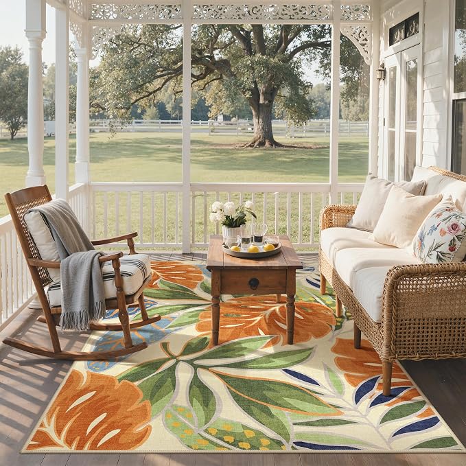 GENIMO 5x8 Outdoor Rug, Washable for Patio and Deck, Rust Sage | Botanical leaf design for porch; fade resistant chenille with quick-dry non-slip backing for indoor sunroom.
