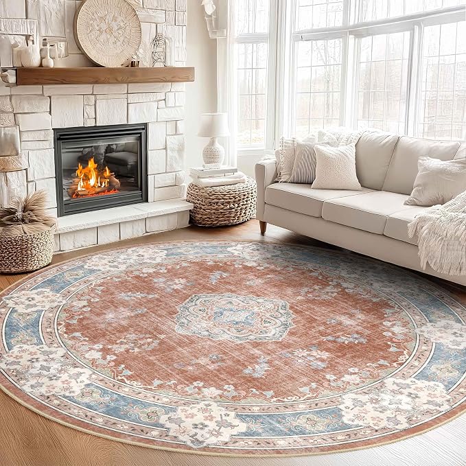 MUJOO Round Rug 9ft,Circle Washable Area Rug Non Slip Low-Pile Floral | Large Circular Rugs for Living Room Bedroom Dining Room Boho Throw Carpet Soft Floor Indoor Vintage Flowers Orange Navy Blue