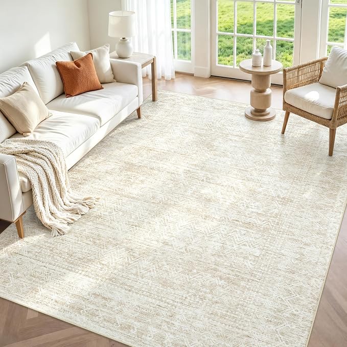 5X7 Area Rug for Living Room, Washable Moroccan Geometric Rug Soft Non-Slip Rubber Vintage Boho Large Rug, Low Pile Farmhouse Carpet for Bedroom Dining Room Nursery Modern Office (Beige, 5'x7')