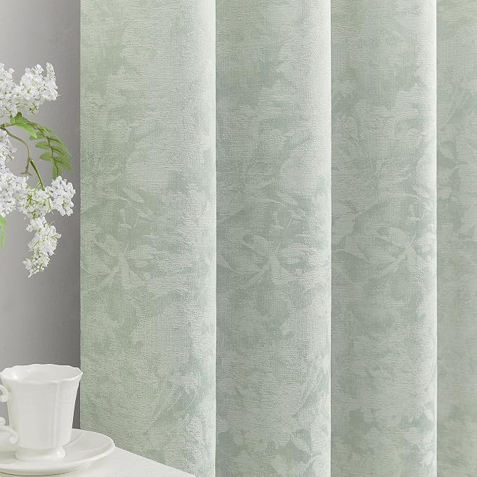 Beauoop Green Floral Jacquard Blackout Curtains for Bedroom 52x108 2 Panels | Flower Chenille Room Darkening Drapes for Living Room 108 Inch Long Thermal Insulated Soundproof Window treatment Rod Pocket