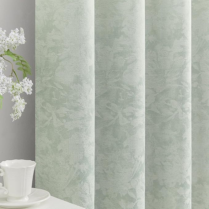 Beauoop Green Floral Jacquard Blackout Curtains for Bedroom 52x90 2 Panels | Flower Chenille Room Darkening Drapes for Living Room 90 Inch Long Thermal Insulated Soundproof Window treatment Rod Pocket