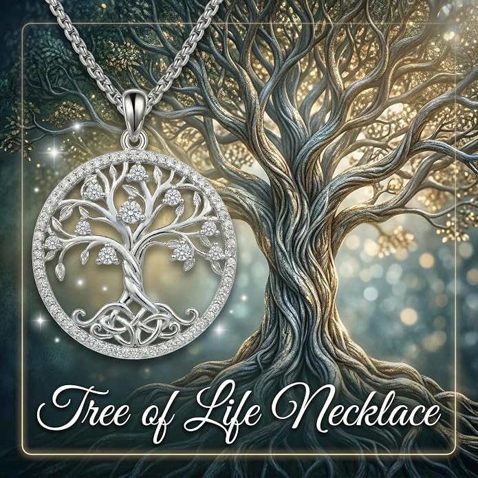 ONEFINITY Tree of Life Necklace 18k White Gold Plated Tree of Life Birthstone Pendant Necklace Birthstone Jewelry Anniversary Birthday Gifts for Women Men