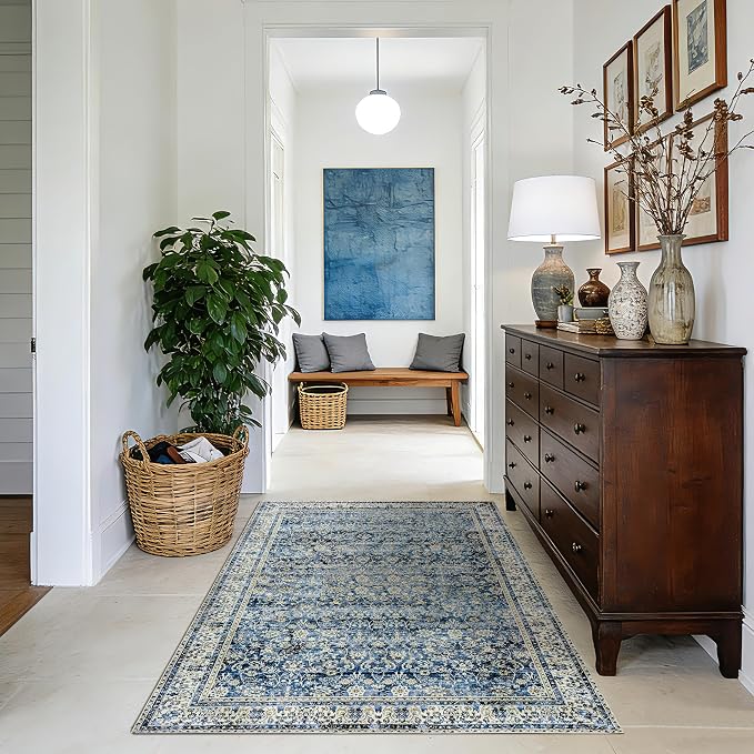 3x5 Front Door Rug Indoor Entrance Blue Bathroom Rugs Non Slip Washable Soft Vintage Boho Distressed Low Pile Carpet with Rubber Backing Dark Blue Rugs for Kitchen Floor Laundry Room 3 x 5