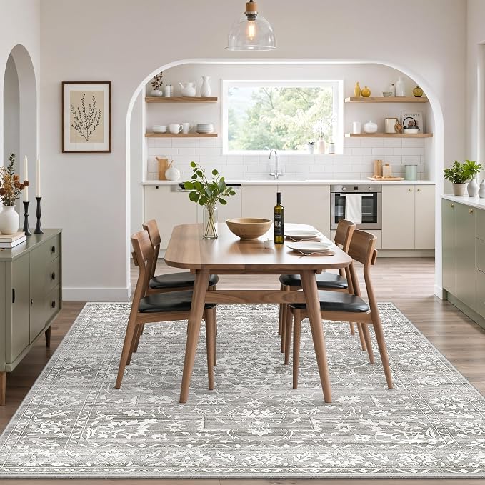 Soalmost 6x9 Area Rugs for Living Room, Washable Bedroom Soft Rug Grey | Vintage Floral Non-Slip Low Pile Stain Resistant Throw Large Neutral Carpet for Dining Room Kitchen Home Office Nursery 6'x9'