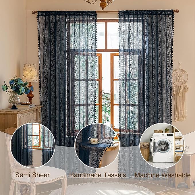 Sutuo Home Boho Lace Curtains 2 Panel Sets for Living Room Bedroom,Semi Sheer Curtains Privacy Vintage Chic Tassels Crochet Farmhouse Style Hollow Rustic Rod Pocket Festival Decor, 50" x 96" Navy Blue
