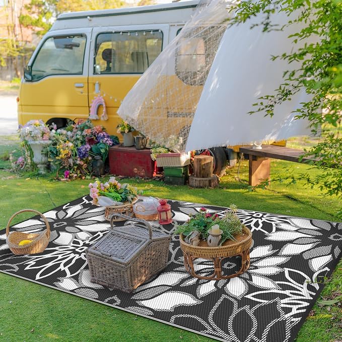 GENIMO Outdoor Rug, Waterproof Plastic Rugs for Patio, 6'x9' Black White | Outside Larger Leaf Carpet Mat for Porch Decor, Deck, Balcony, Camping, RV, Backyard, Picnic, Beach, Reversible, Foldable