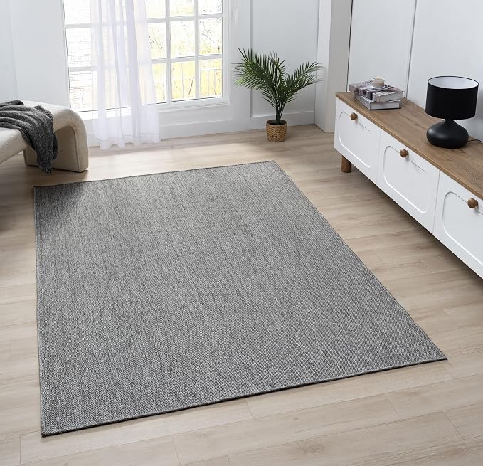 Angela Easy Jute Indoor Outdoor Rug, 6x9 Natural Solid Jute Look, Polyester, Durable & Easy Care Outdoor Farmhouse Carpet for Patio, Porch, Living Room (6' x 9', Gray)