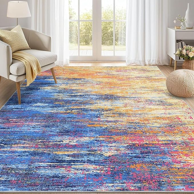 ROYHOME Washable Rug 9x12 Area Rug for Living Room, Non Slip Abstract Rug for Bedroom, Ultra Soft Area Rug, Low Pile Soft Contemporary Indoor Floor Carpet Cover, Blue/Orange