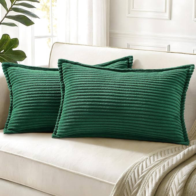 decorUhome Fall Corduroy Green Throw Pillow Covers 12x20 Set of 2 | Lumbar Couch Decorative Soft Modern Boho Farmhouse Pillow Covers Broadside Striped Pillow Cases for Living Room Bed Sofa