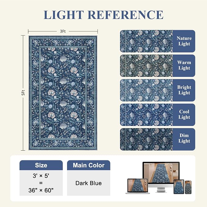 DUKINO 3x5 Rug, Washable Vintage Floral Bedroom Area Rug Non Slip Dark Blue | Low Pile, Non-Shedding, Stain Resistant Boho Lightweight Soft Indoor Carpet for Bathroom Office Dining Living Room Farmhouse