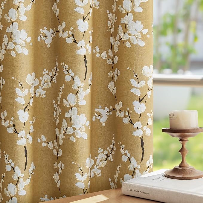 FMFUNCTEX 100% Blackout Yellow Floral Curtains 96 Inch Grommet 2 Panels | Black Out Drapes,Thermal Insulated Cottage Farmhouse, Blossom Patterned Extra Long Curtain for Bedroom, Living Room Darkening