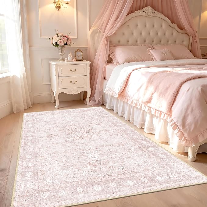 Pink Washable Rugs 5x7, Neutral Vintage Boho Carpet for Nursery | for Bedroom and Living Room, Low Pile Indoor Area Rug with Non-Slip Silicone Backing, Non-Shedding, Thin