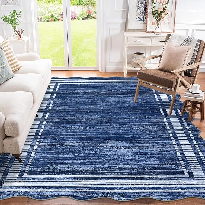 Garvee Scalloped Modern Abstract Rug 5x7 Washable Rug for Bedroom, Non-Slip Non-Shedding Soft Living Room Rug, Minimalist Scalloped Low-Pile Throw Carpet for Dining Room Home Office, Navy Blue | Rugs for Living Room, Non-Slip Soft Carpet for Bedroom, S...