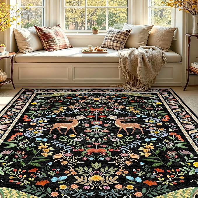 5x7 Black Washable Rug for Living Room - Foyer Rugs for Entryway, Bedroom, Home Office, Floral Indoor Décor