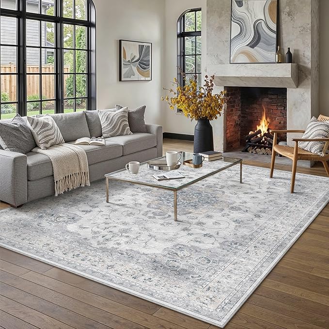 HUGEAR 8x10 Washable Rugs for Living Room Vintage Blue Bedroom Rug Soft Area Rug Non-Shedding Non-Slip Carpet Low Pile Dining Room Office Indoor Home Modern Decor