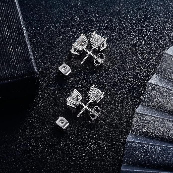 MDFUN 6 Pairs Stud Earrings Set 3mm/5mm/7mm Princess & Round Cubic Zirconia Earrings Hypoallergenic 316L Surgical Stainless Steel CZ Earrings for Women Men