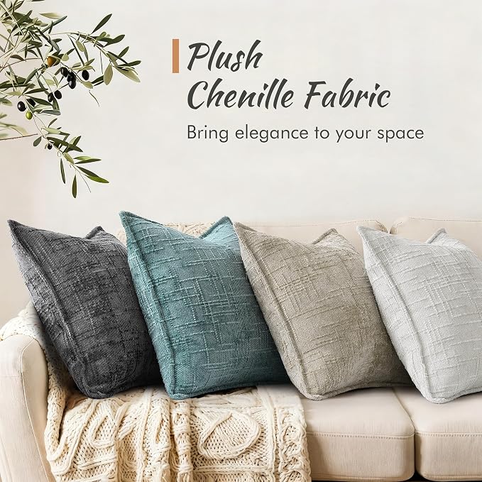 decorUhome Chenille Throw Pillow Covers 22x22 Set of 2,Dark Grey | Soft Texture, Slubby Modern Design, Flange Edges, Cozy Accent Pillow Covers for Couch, Sofa, Bed, Living Room