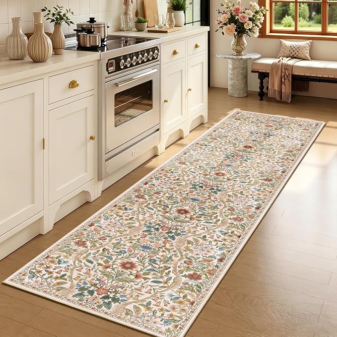 2x8 Washable Runner Rug, Beige Ginger Floral Boho Area Rug for Hallway, Low-Pile Non-Slip Stain Resistant Carpet for Kitchen, Bedside, Laundry Room, Entryway