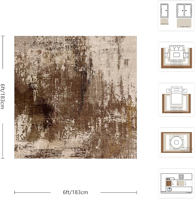 6x6 Area Rugs - Modern Abstract Washable Rug, Ultra Soft Non Slip Low Pile Large Brown Rugs for Living Room, Floor Carpet for Bedroom Dining Room Office Laundry Nursery Home