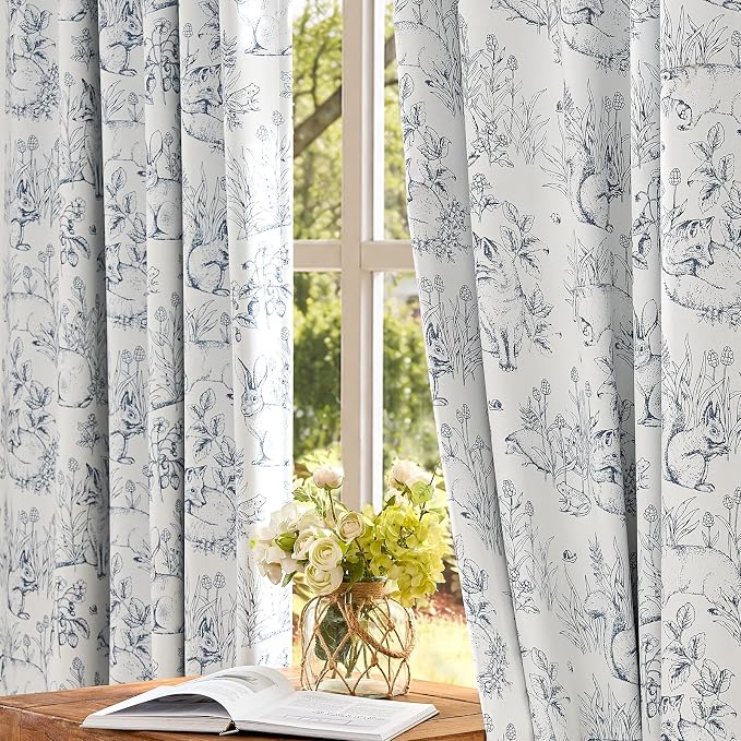 jinchan Blue Blackout Curtains 72 Inch Whimsical Back Tab 2 Panels | Room darkening,nursery kids bedroom,privacy,whimsical,cottagecore,bunny pattern,botanical,nature-inspired decor